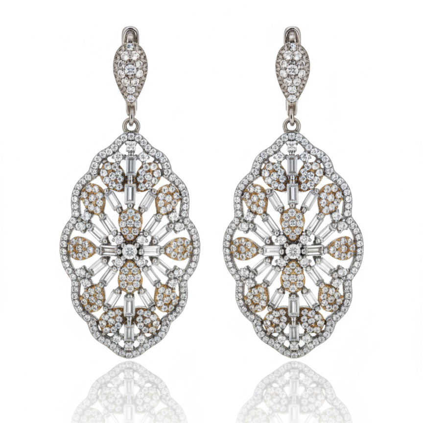 Aretes en Plata .925 con Topacio Blanco y Detalles en Oro