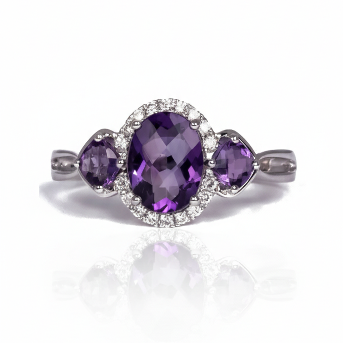 Anillo de Oro Blanco 14k con Amatistas y Diamantes Naturales