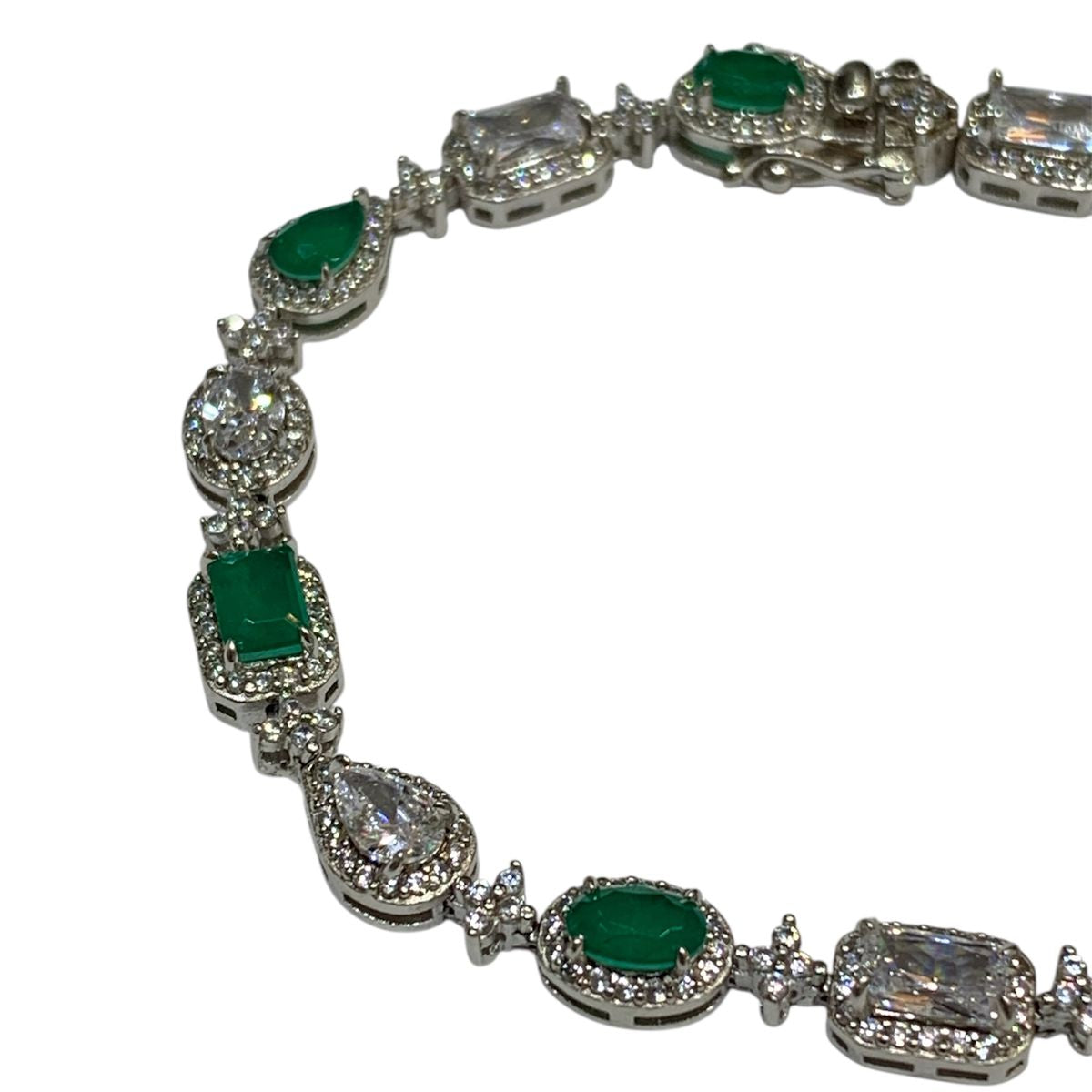 Pulsera Geométrica de Esmeraldas y Topacio Blanco