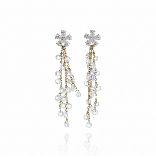 Aretes Florales en Plata .925 con Baño de Oro y Topacios Blancos