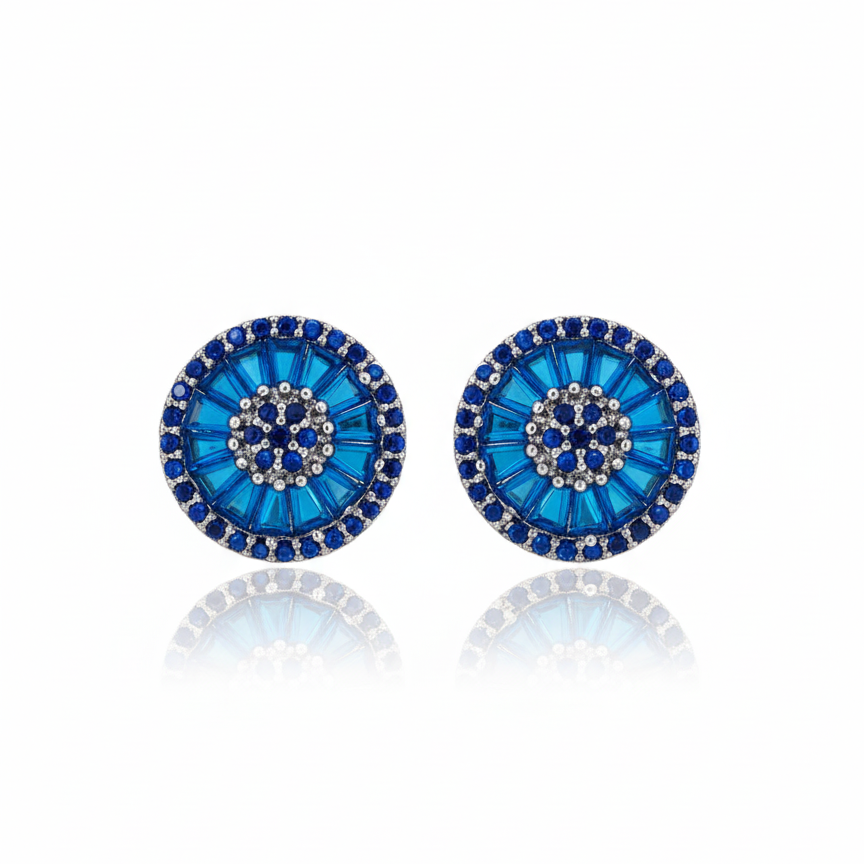 Aretes en Rodio con Zirconias Azules en Corte Redondo y Baguette