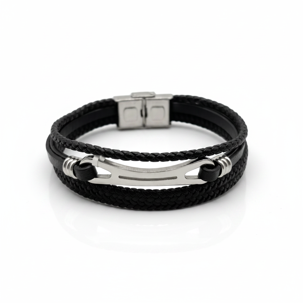 Pulsera Multicapa Eslabón de Poder en Piel Negra y Acero Cepillado
