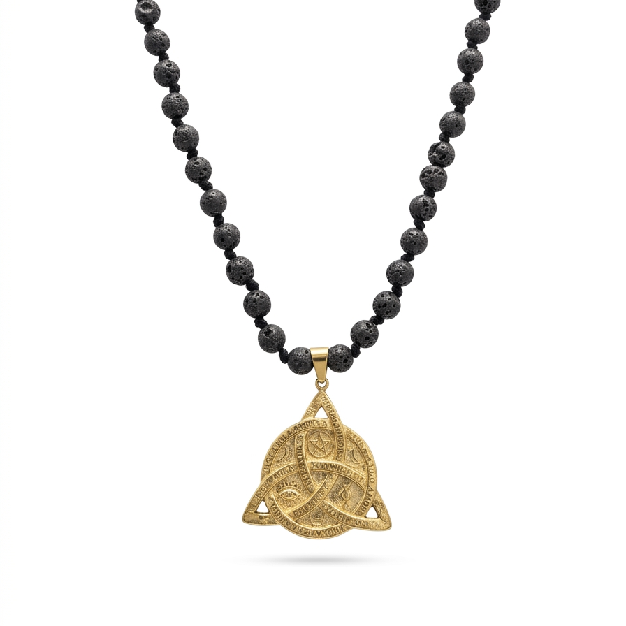 Collar Amuleto Místico Triqueta Ancestral en Piedra Volcánica y Oro Satinado