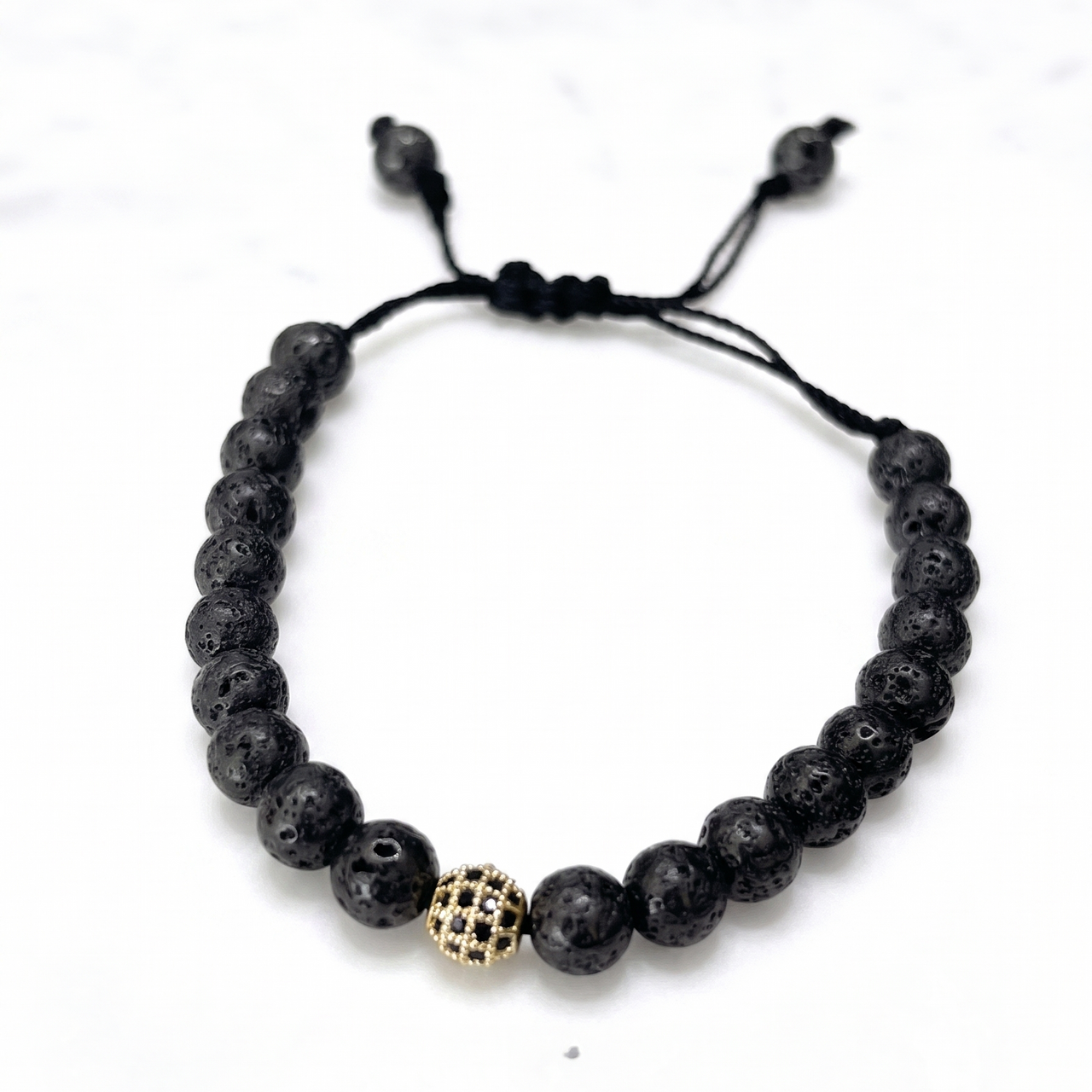 Pulsera de Piedra Volcánica Natural con Esfera de Pavé