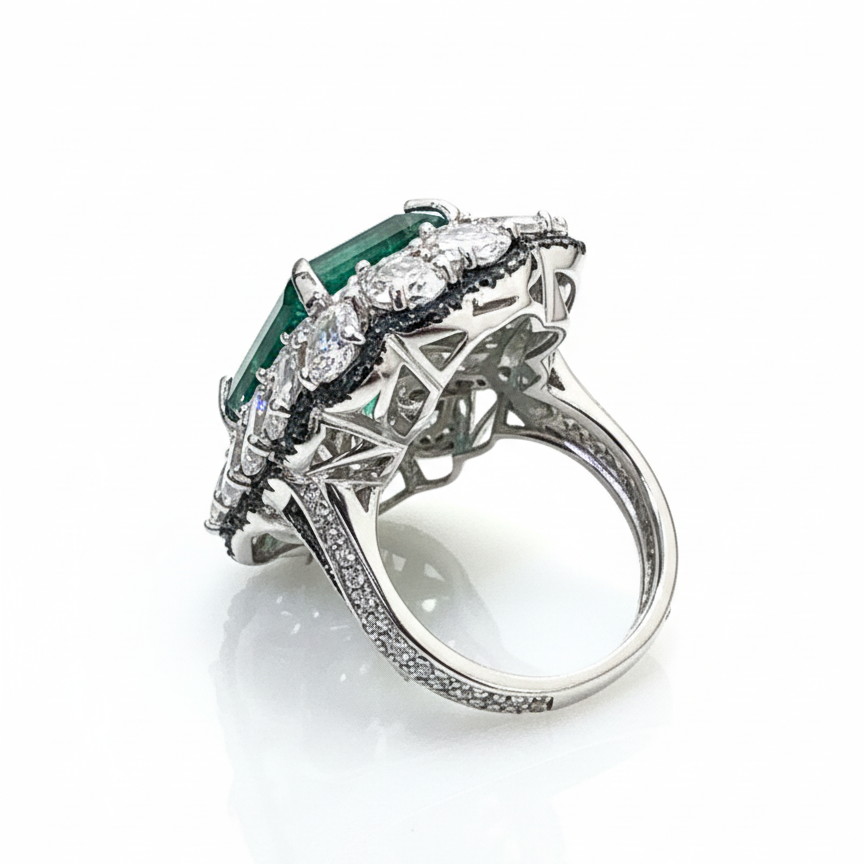 Anillo de Plata .925 con Esmeralda Cultivada y Halo de Topacios Blancos