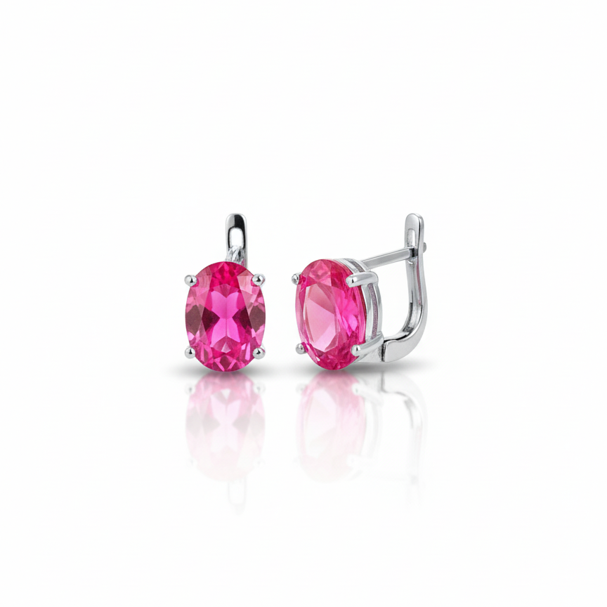 Aretes Huggies de Plata .925 con Baño de Rodio y Cuarzo Rosa Corte Oval