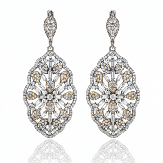 Aretes en Plata .925 con Topacio Blanco y Detalles en Oro