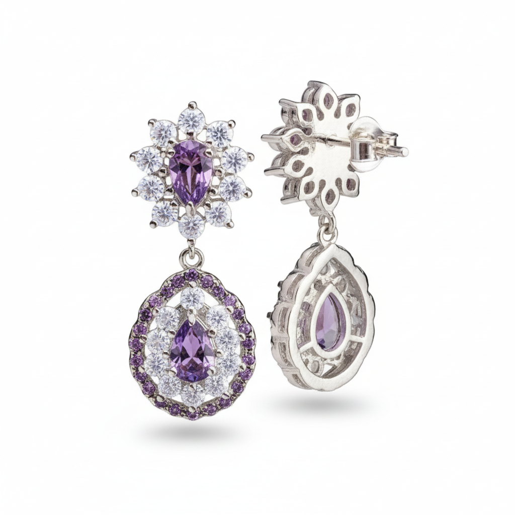 Aretes de Amatista con Topacio Blanco en Corte Pera.