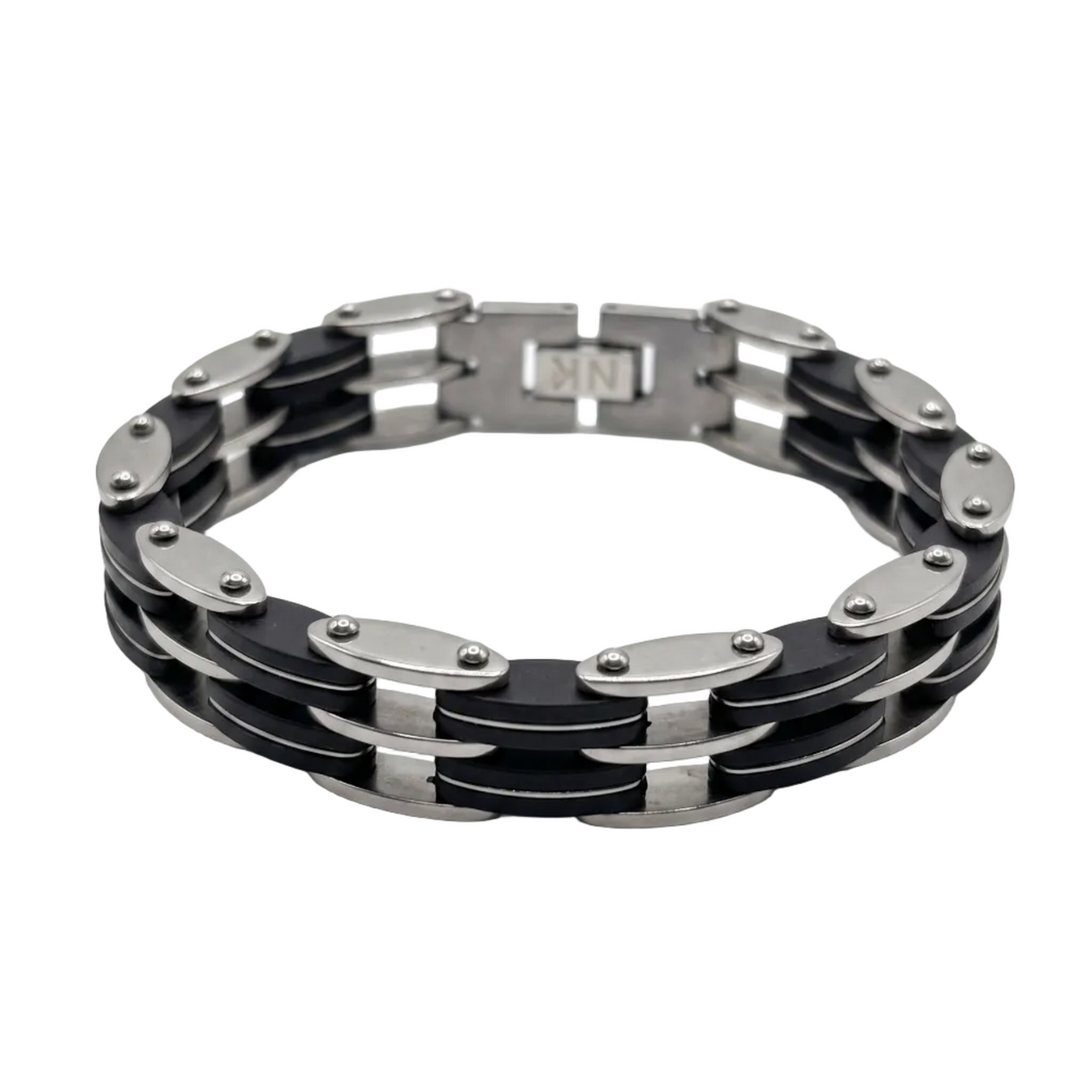 Pulsera de Eslabones Monaco Track en Acero y Caucho Negro Descripción Corta