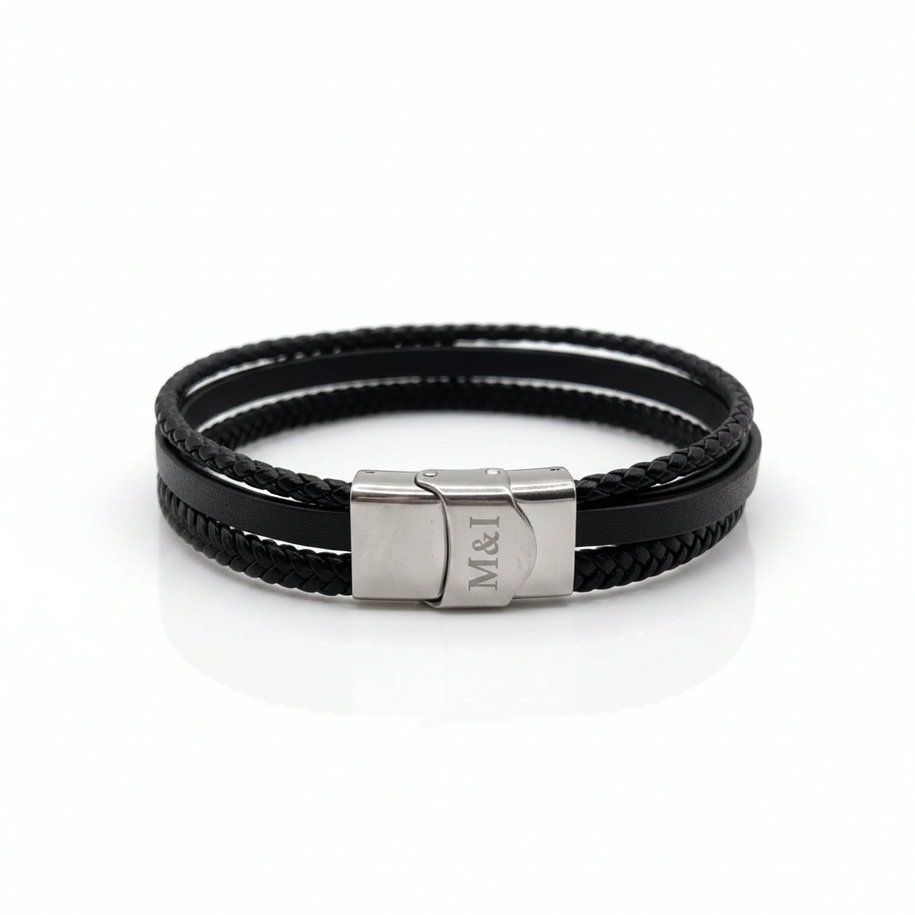 Pulsera Multicapa Eslabón de Poder en Piel Negra y Acero Cepillado