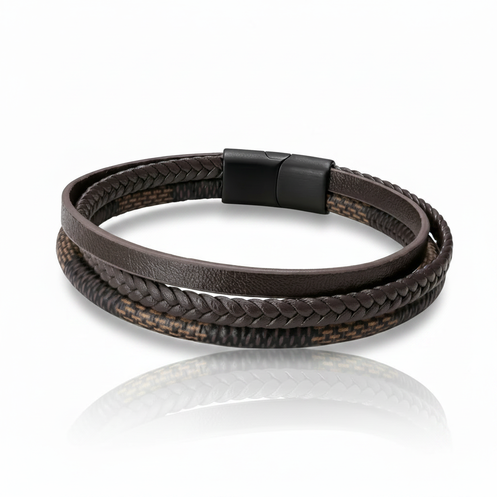 Pulsera Multicapa Nomad Brown en Piel Café y Broche Negro Mate