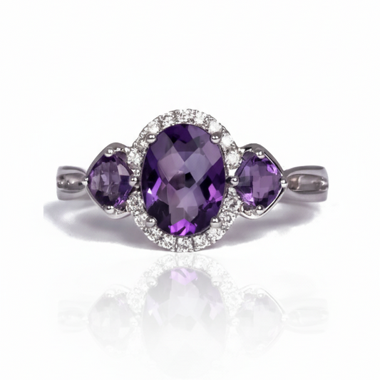 Anillo de Oro Blanco 14k con Amatistas y Diamantes Naturales