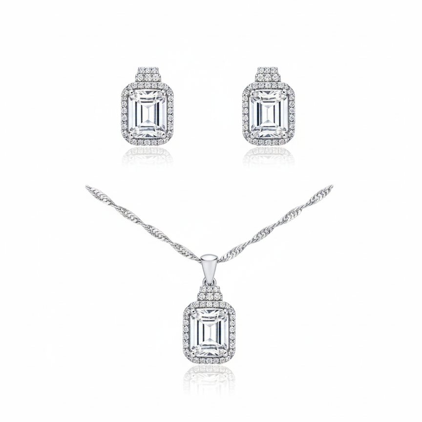 Set de Plata .925 con Baño de Rodio y Piedras Cultivadas en Topacio Blanco