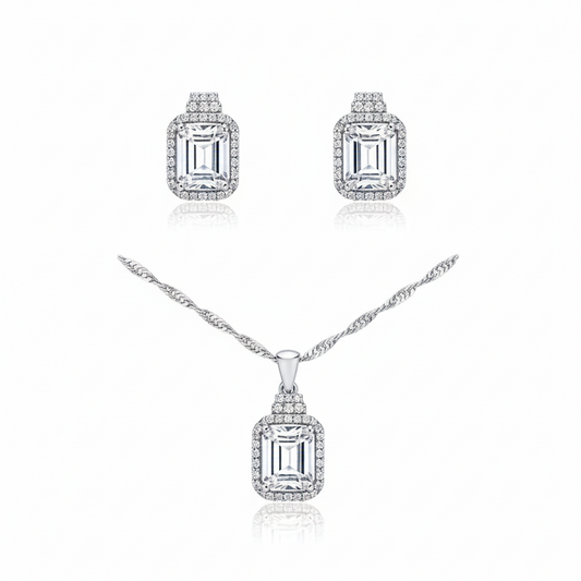 Set de Plata .925 con Baño de Rodio y Piedras Cultivadas en Topacio Blanco