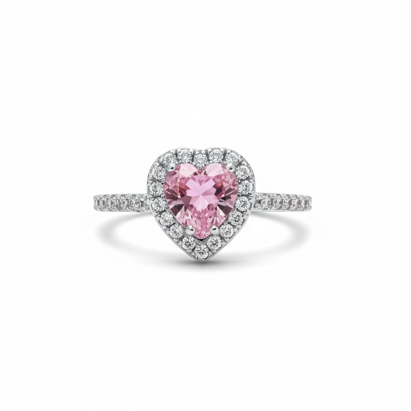 Anillo de Rodio con Zirconia Rosa en Forma de Corazón