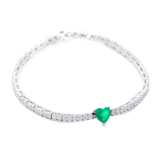 Pulsera Corazón Esmeralda Colombiana de Plata 925 con Topacio Blanco