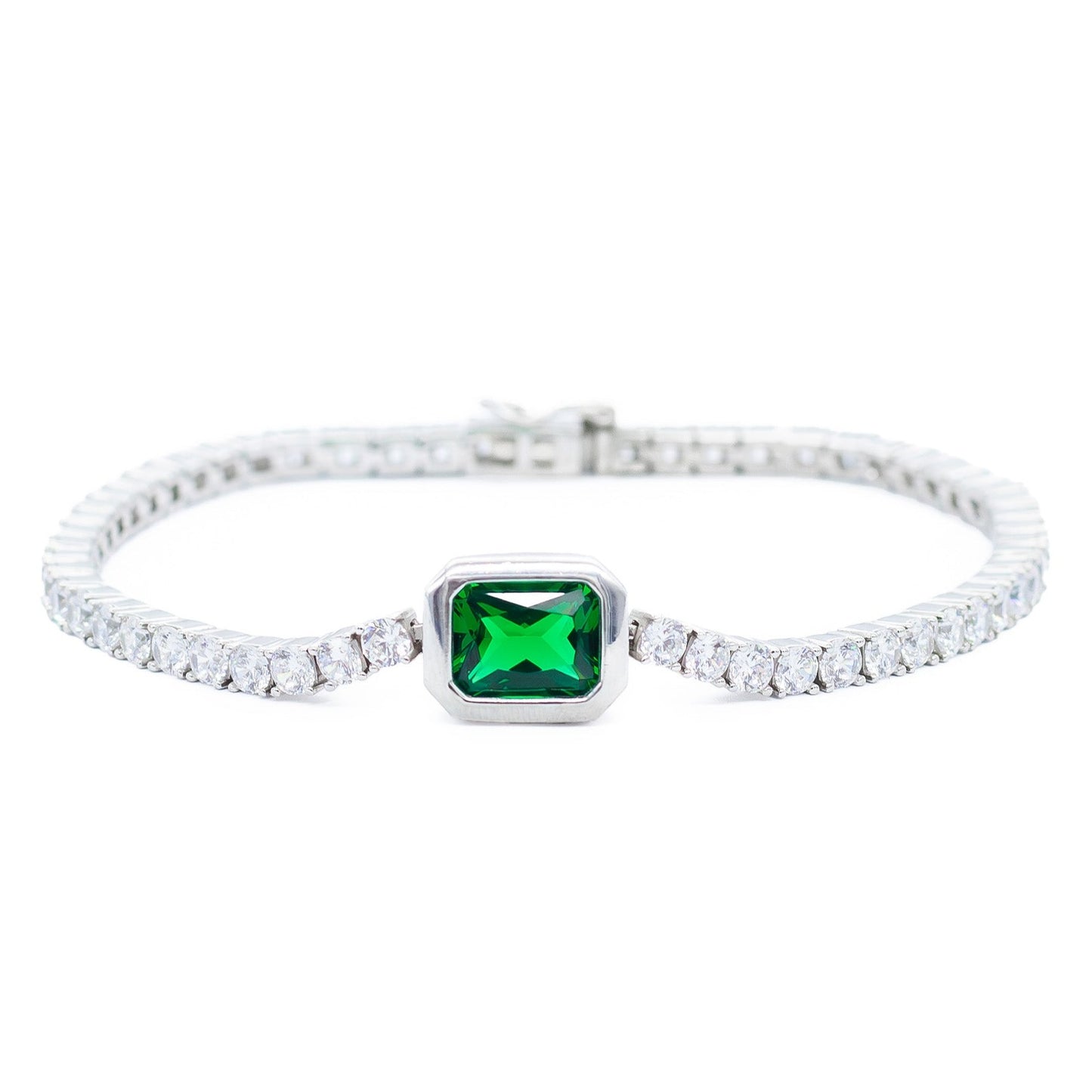 Pulsera en Plata .925 con Baño de Rodio, Topacio Blanco y Esmeralda