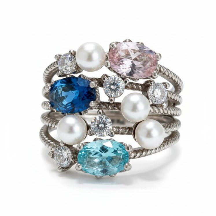 Anillo de Perlas y Piedras de Color en Plata .925