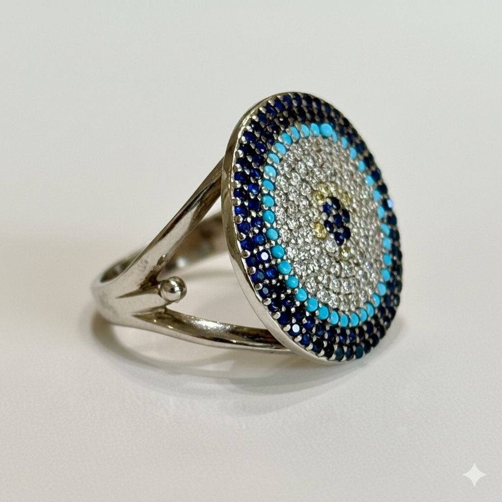 Anillo Ojo Turco en Plata .925 con Piedras Cultivadas