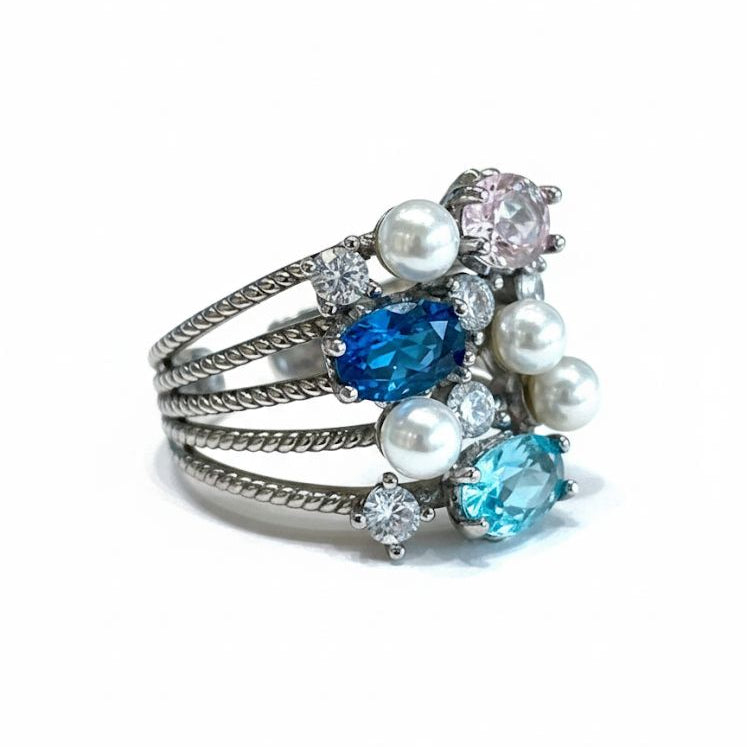 Anillo de Perlas y Piedras de Color en Plata .925