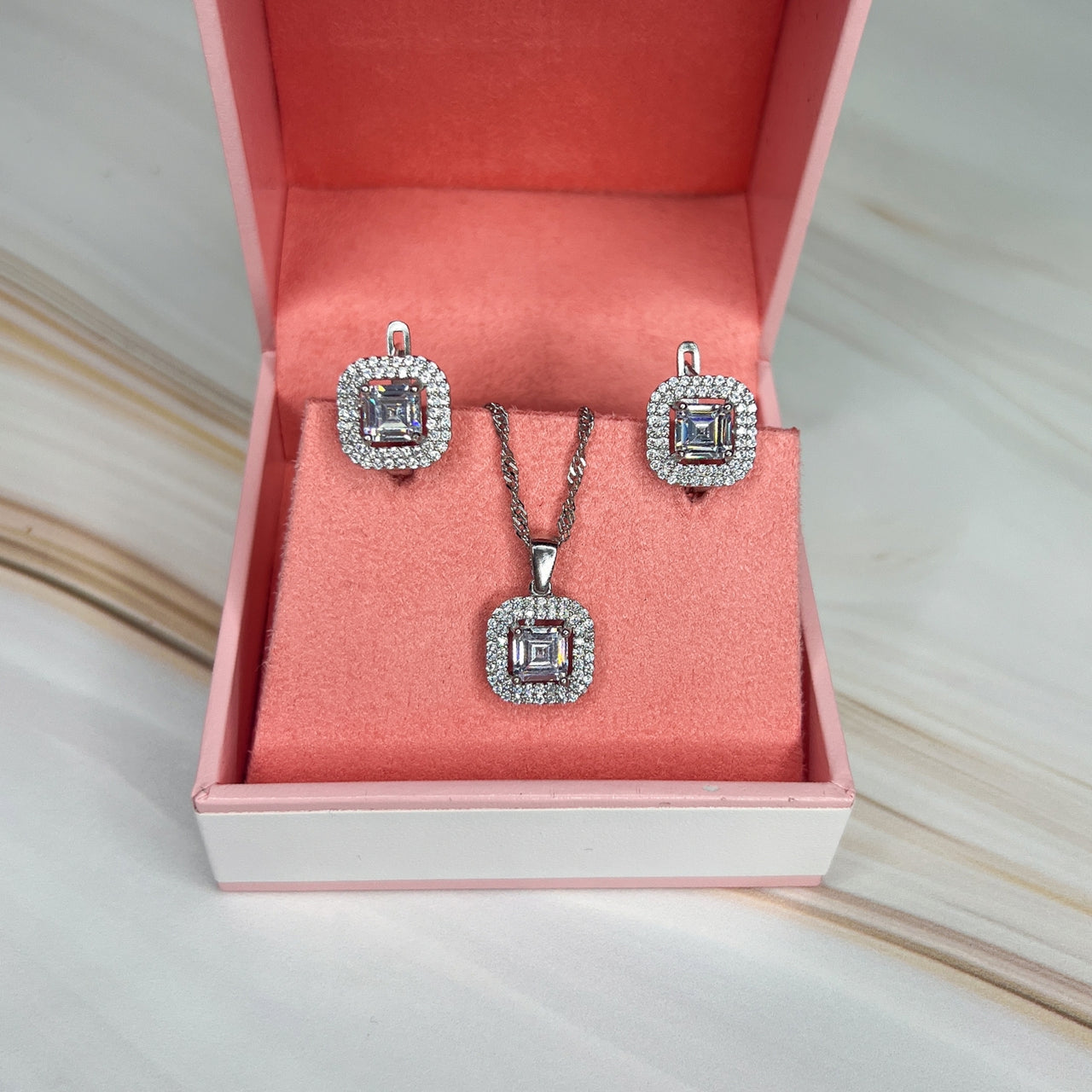 .925 Silver Set with Double Halo White Topaz (BE23)