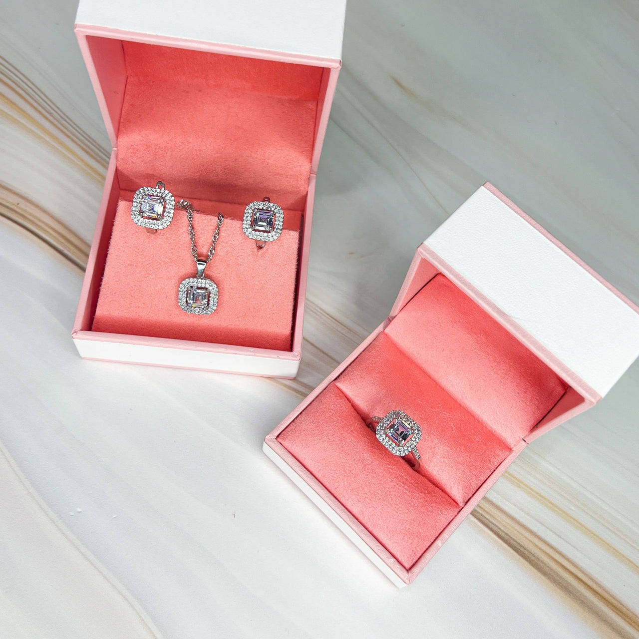 .925 Silver Set with Double Halo White Topaz (BE23)