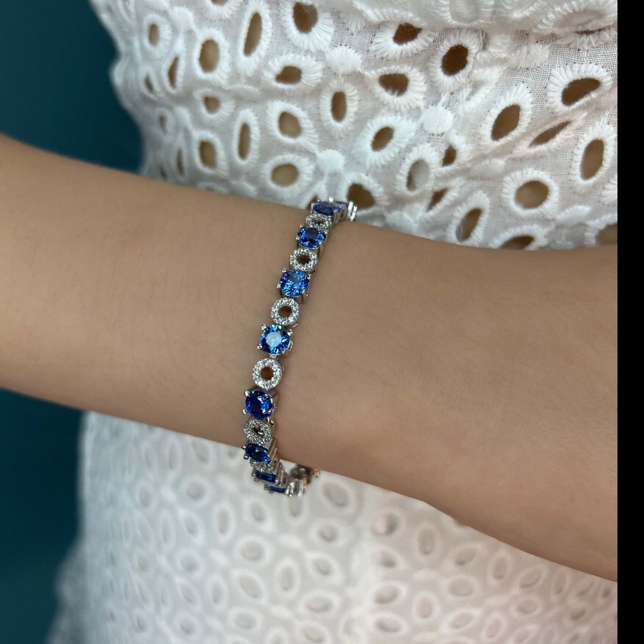 Blue Sapphire and Silver Zirconia Bracelet